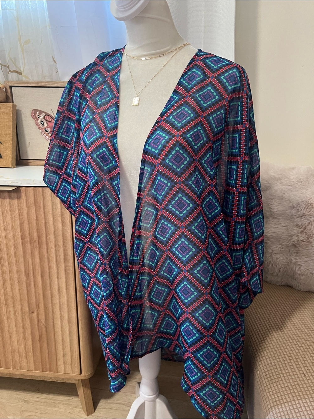 LuLaRoe Teal and Pink Geometric Sheer Kimono